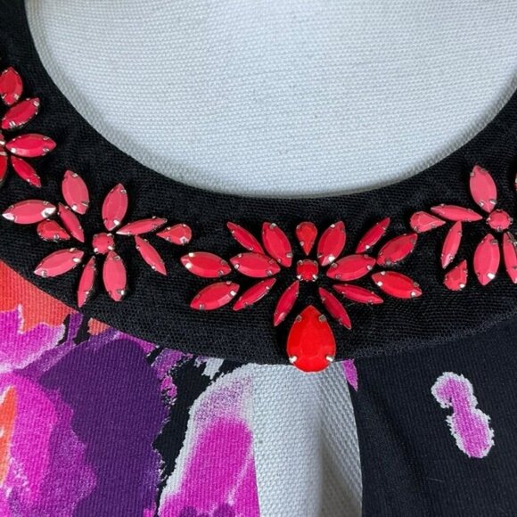 Sandra Darren Dress Beaded Keyhole Watercolor Floral Slip On Black Pink Size 12 - Picture 8 of 16